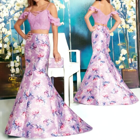 NWT ELLIE WILDE 2 By MON CHERI ( 6 ) White Iris 2 Pc. Floral Prom Forma… - Picture 1 of 7